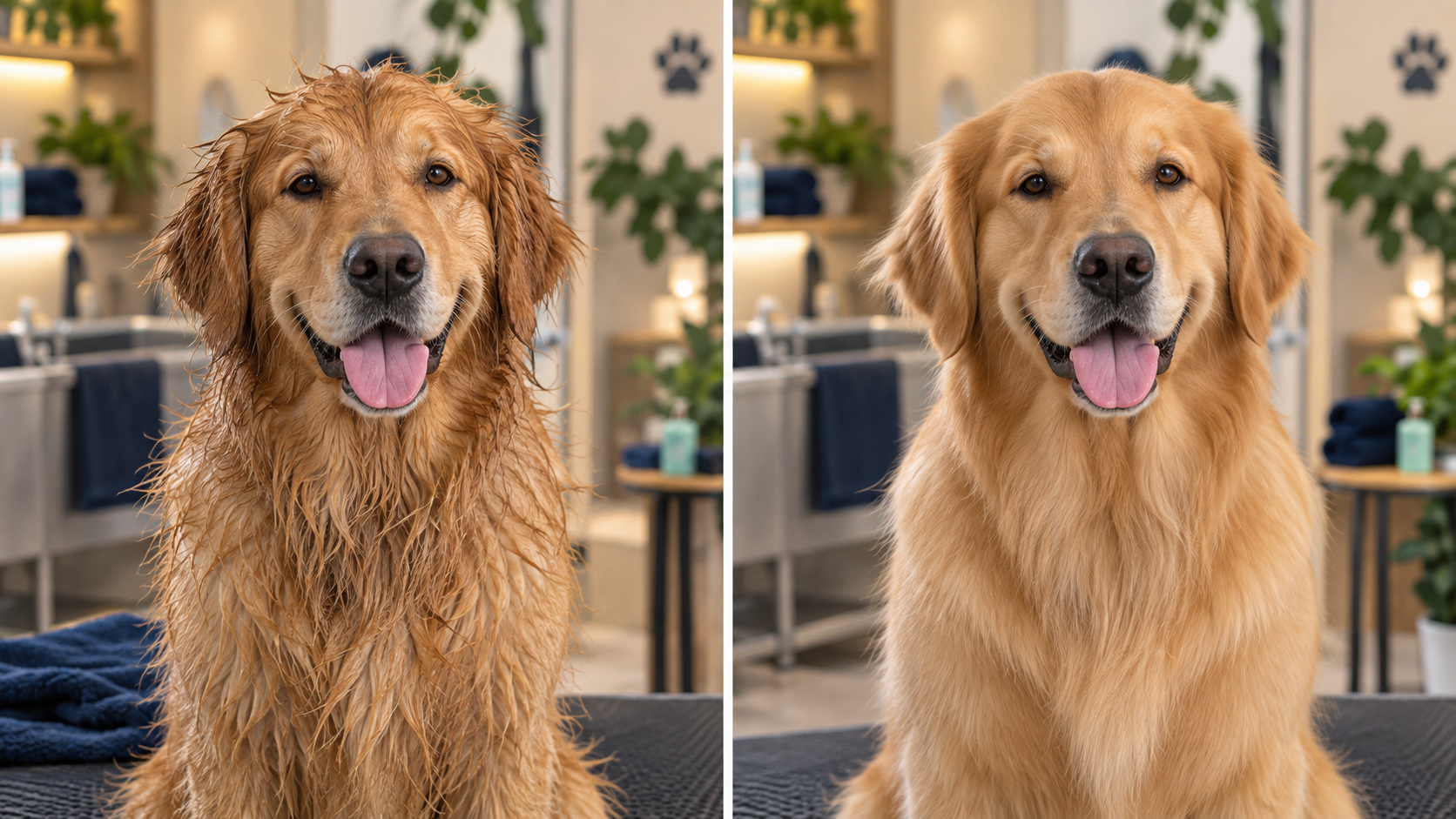 Demostración de Toby antes y después de su servicio de grooming